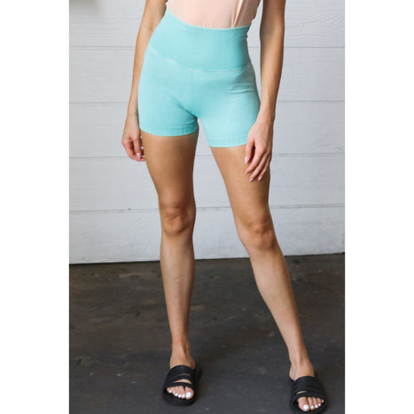 Ice Blue Washed Seamless High Waisted Eyelet Shorts