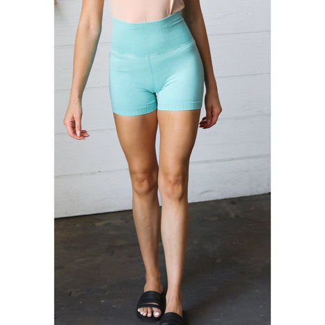 Ice Blue Washed Seamless High Waisted Eyelet Shorts