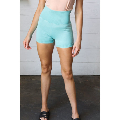 Ice Blue Washed Seamless High Waisted Eyelet Shorts