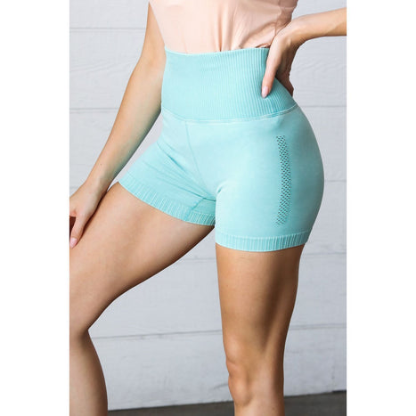 Ice Blue Washed Seamless High Waisted Eyelet Shorts