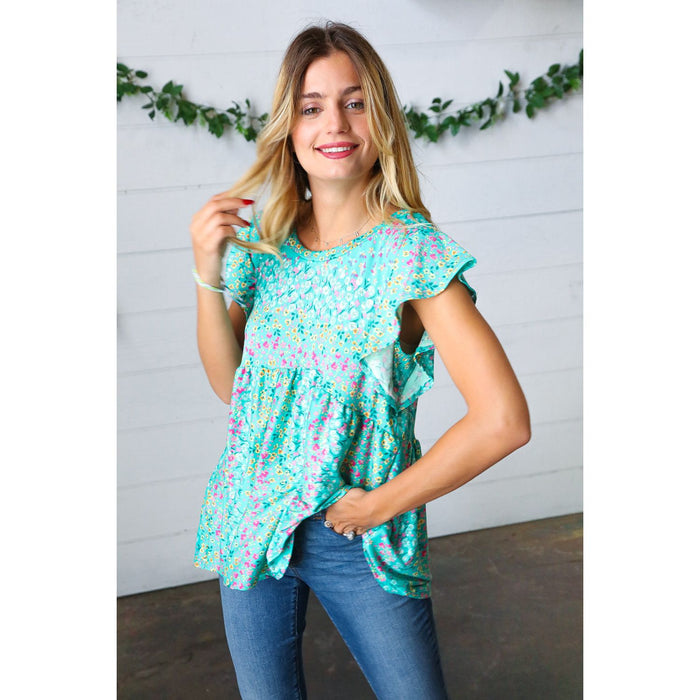 Turquoise Floral Stripe Babydoll Top