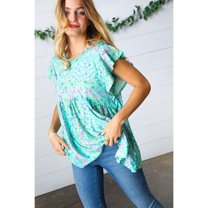 Turquoise Floral Stripe Babydoll Top