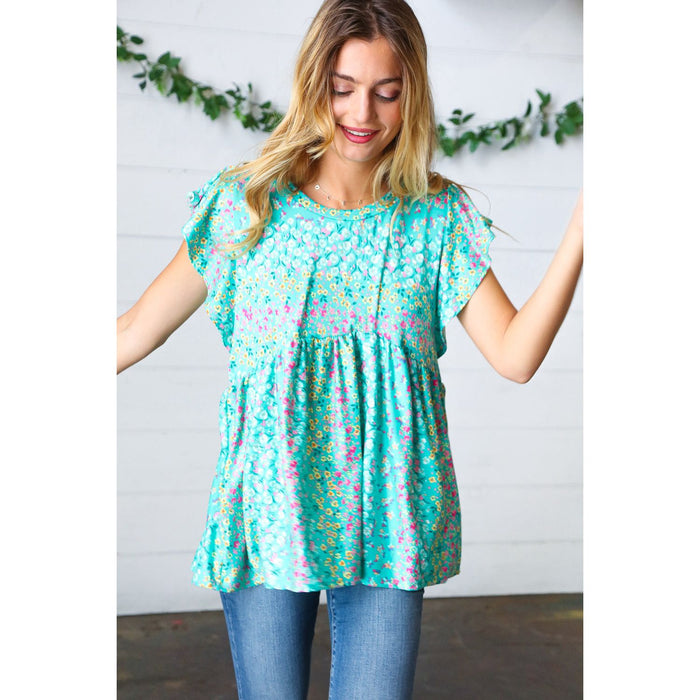 Turquoise Floral Stripe Babydoll Top