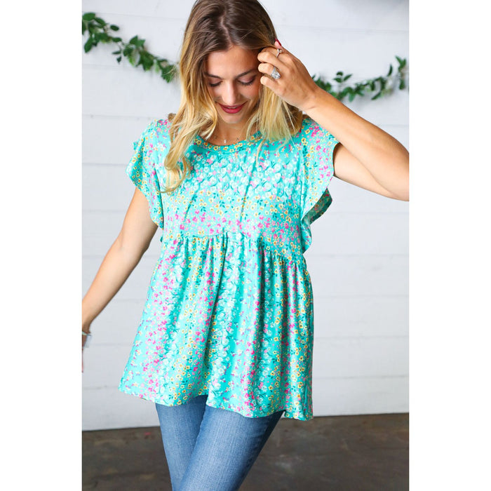 Turquoise Floral Stripe Babydoll Top