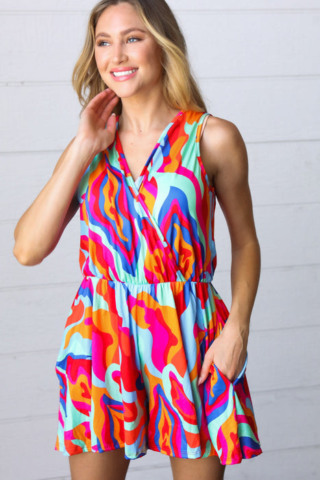 Vibrant Multicolor Abstract Sleeveless Surplice Romper