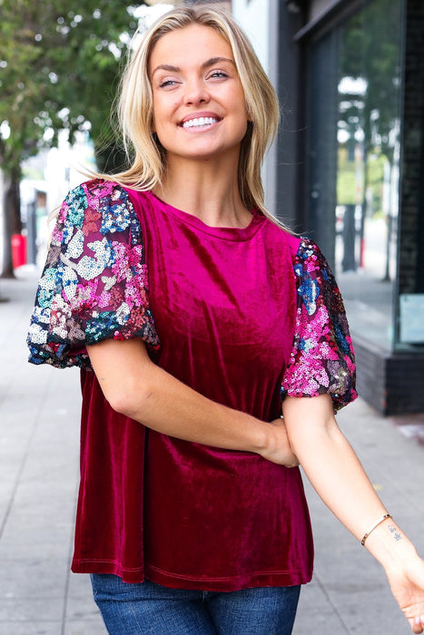 Wine Floral Sequin Puff Sleeve Velvet Top