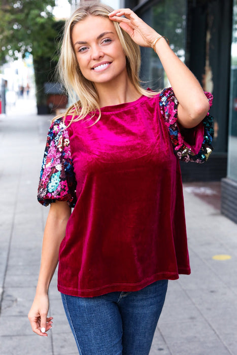 Wine Floral Sequin Puff Sleeve Velvet Top