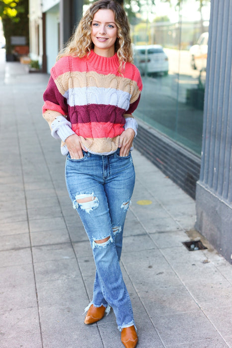 Rust Multicolor Stripe Cable Knit Mock Neck Sweater