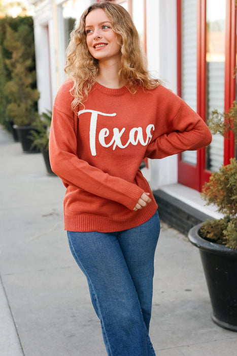 Game Day Burnt Orange Texas Embroidery Pop Up Sweater