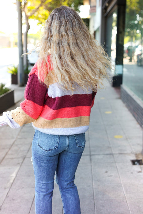 Rust Multicolor Stripe Cable Knit Mock Neck Sweater