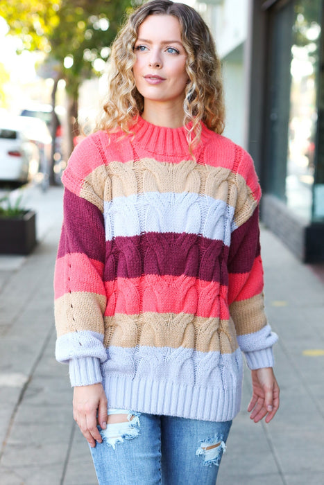 Rust Multicolor Stripe Cable Knit Mock Neck Sweater