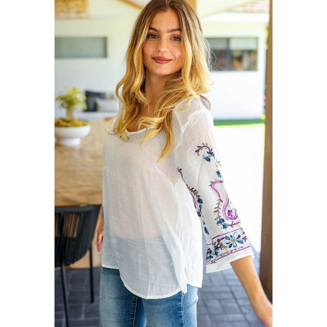 Be Your Best Purple & Blue Floral Paisley Embroidered Sleeve Top