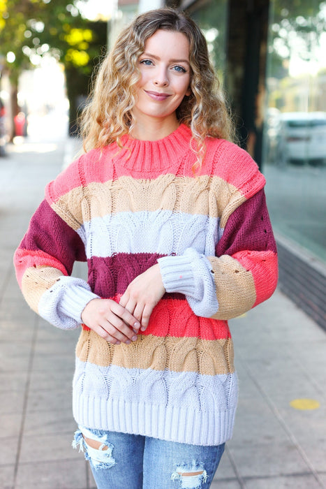 Rust Multicolor Stripe Cable Knit Mock Neck Sweater