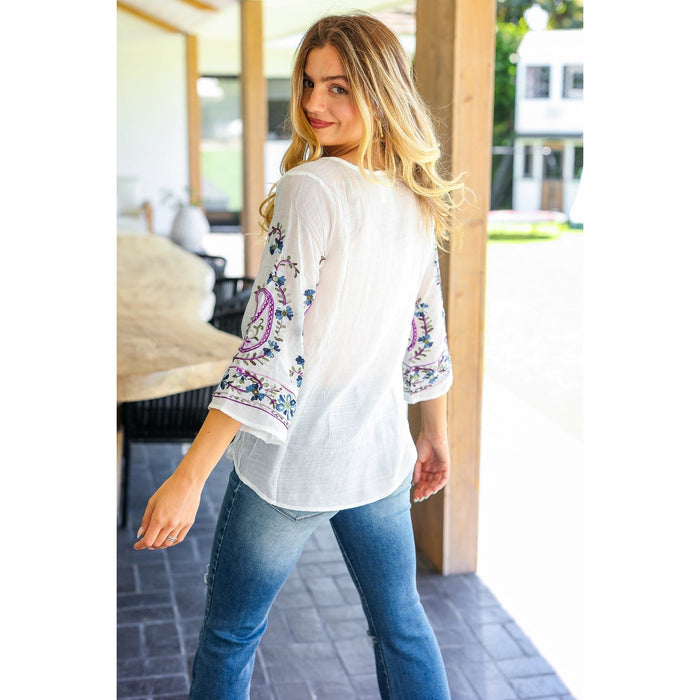 Be Your Best Purple & Blue Floral Paisley Embroidered Sleeve Top