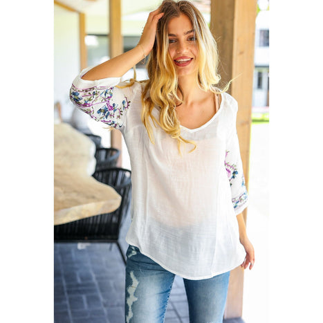 Be Your Best Purple & Blue Floral Paisley Embroidered Sleeve Top