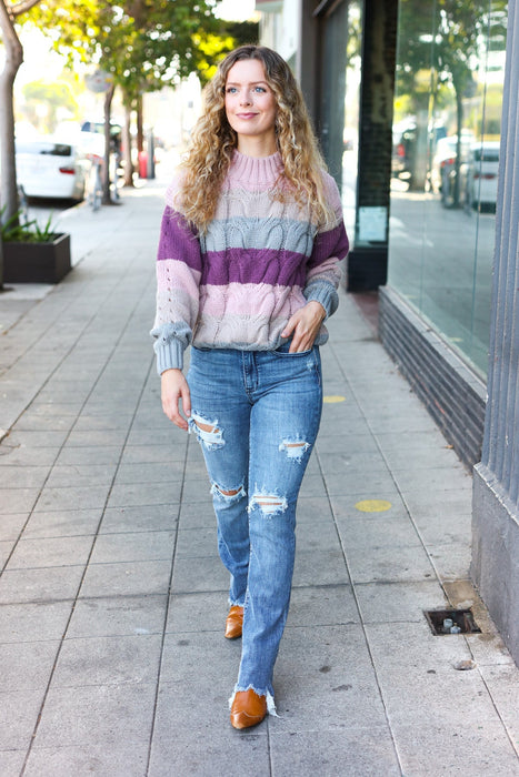 Mauve Multicolor Stripe Cable Knit Mock Neck Sweater