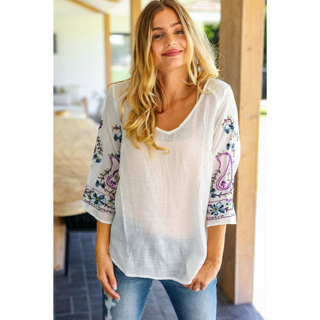 Be Your Best Purple & Blue Floral Paisley Embroidered Sleeve Top