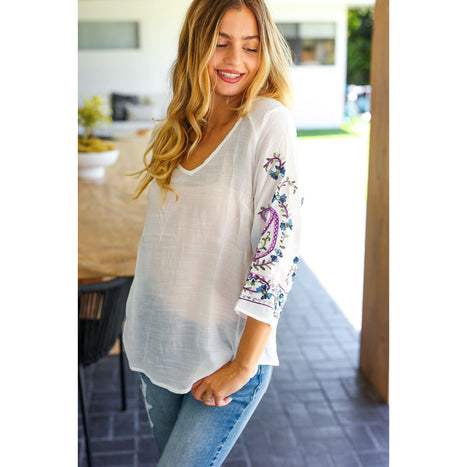 Be Your Best Purple & Blue Floral Paisley Embroidered Sleeve Top