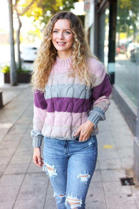 Mauve Multicolor Stripe Cable Knit Mock Neck Sweater