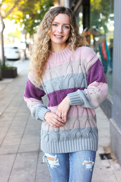 Mauve Multicolor Stripe Cable Knit Mock Neck Sweater