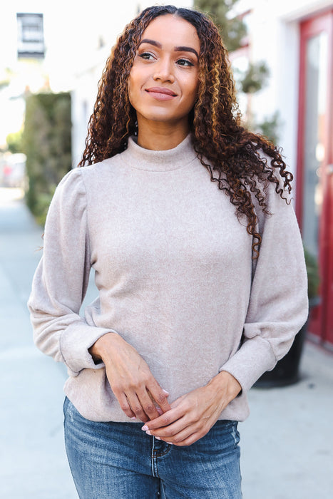 Taupe Brushed Melange Puff Short Sleeve Sweater