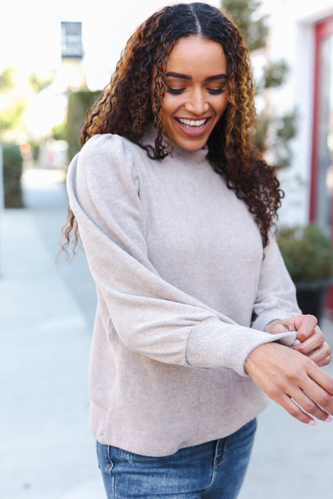 Taupe Brushed Melange Puff Short Sleeve Sweater