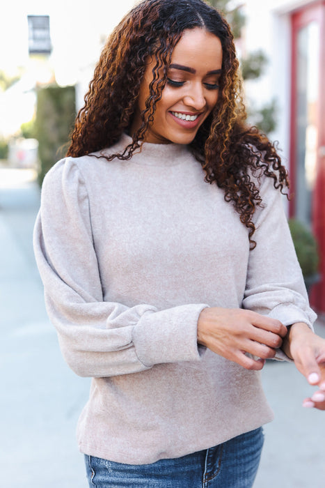 Taupe Brushed Melange Puff Short Sleeve Sweater