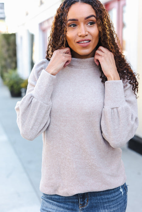 Taupe Brushed Melange Puff Short Sleeve Sweater