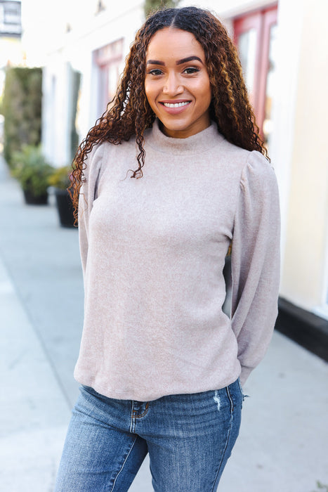 Taupe Brushed Melange Puff Short Sleeve Sweater