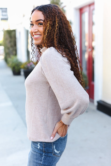 Taupe Brushed Melange Puff Short Sleeve Sweater