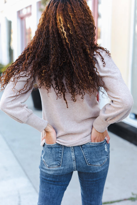 Taupe Brushed Melange Puff Short Sleeve Sweater