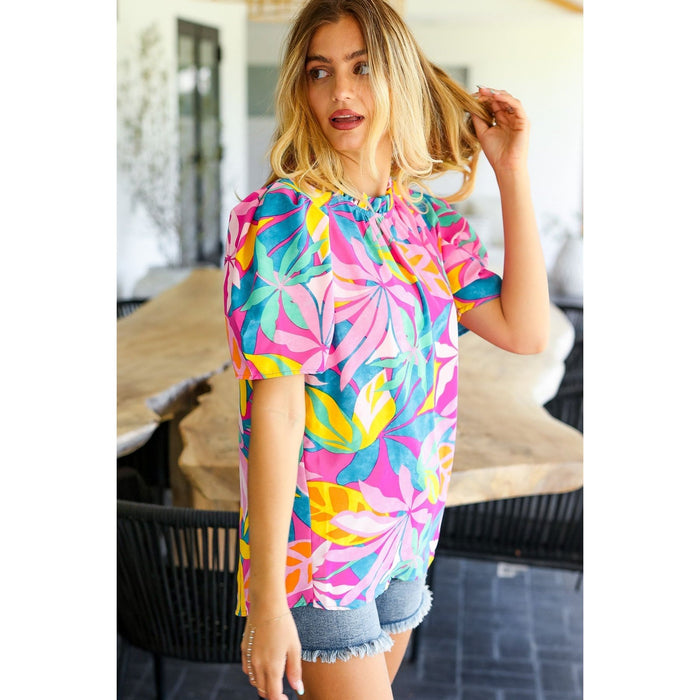 Vacay Ready Fuchsia Tropical Print Frill Mock Neck Top