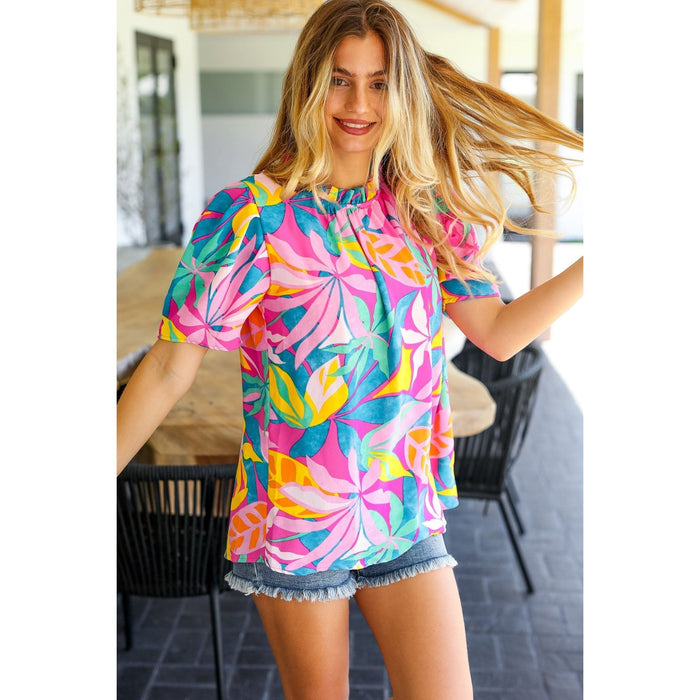 Vacay Ready Fuchsia Tropical Print Frill Mock Neck Top