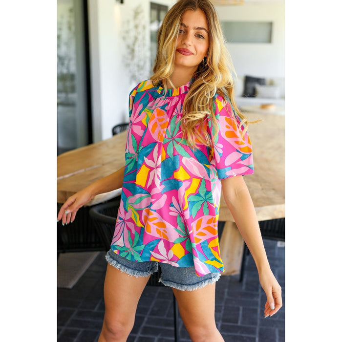 Vacay Ready Fuchsia Tropical Print Frill Mock Neck Top