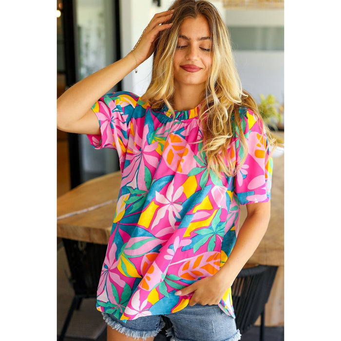 Vacay Ready Fuchsia Tropical Print Frill Mock Neck Top