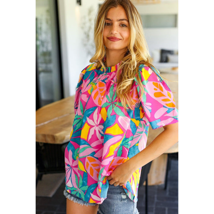 Vacay Ready Fuchsia Tropical Print Frill Mock Neck Top