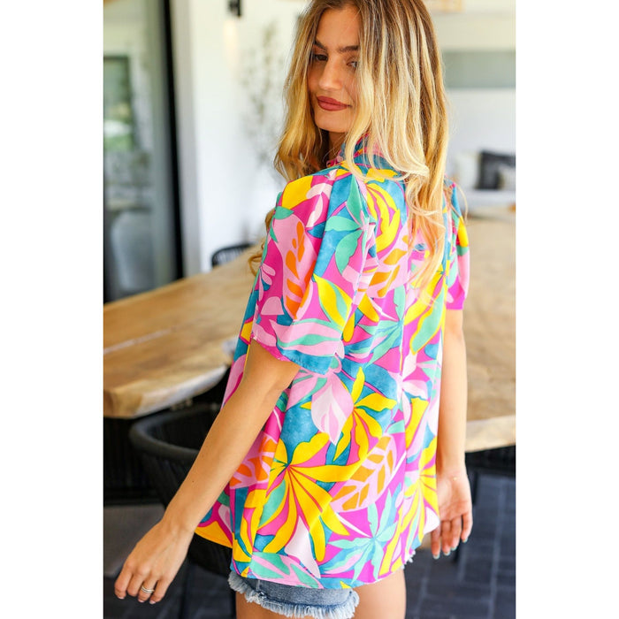 Vacay Ready Fuchsia Tropical Print Frill Mock Neck Top