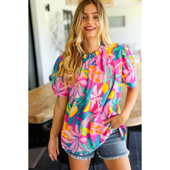 Vacay Ready Fuchsia Tropical Print Frill Mock Neck Top