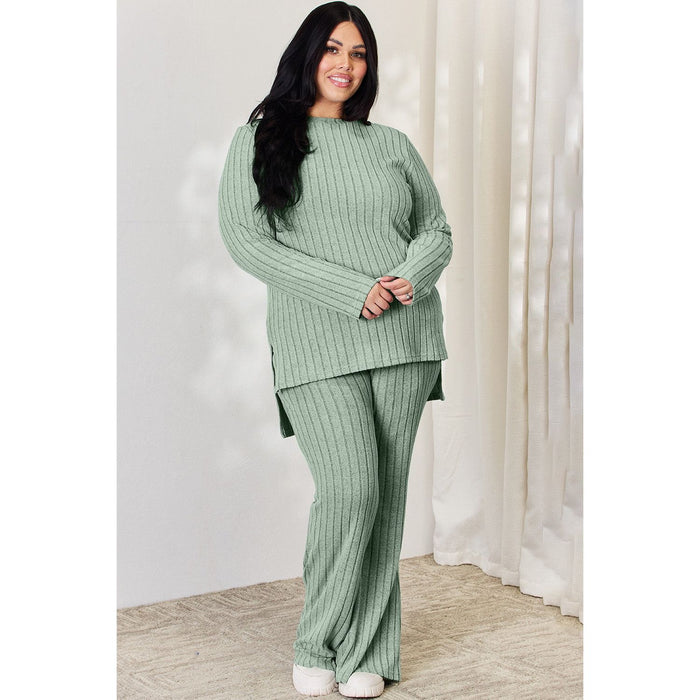 Basic Bae Ribbed High-Low Top and Wide Leg Pants Set