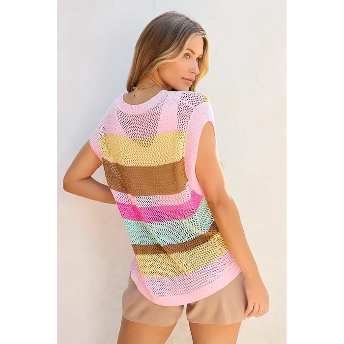 Color Block Round Neck Cap Sleeve Knit Top