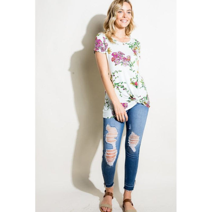 Floral Jersey Front Twist Tunic Top