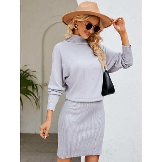 Turtle Neck Long Sleeve Ribbed Sweater Dress