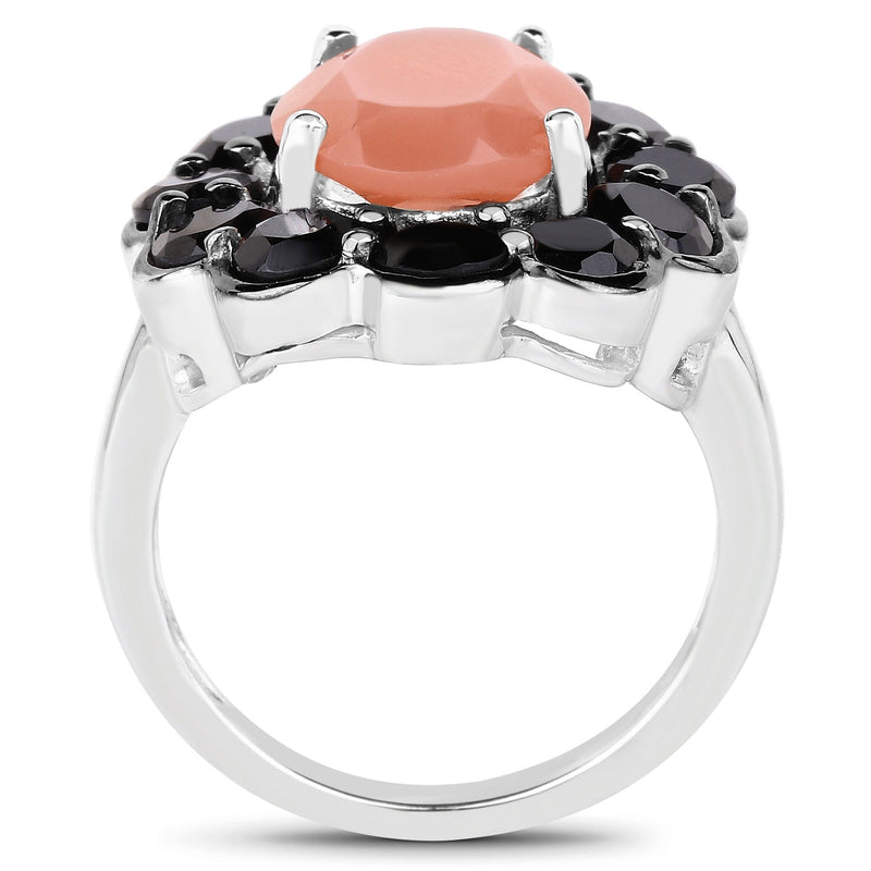 Bids.com 7.88 Carat Genuine Peach Moonstone and Black Spinel .925 Sterling Silver Ring Rings