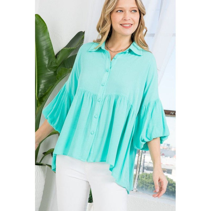 Plus Solid Button Down Blouse