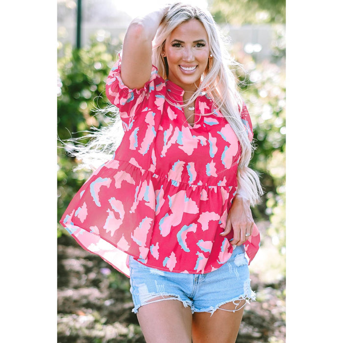 Peplum Printed Notched Short Sleeve Blouse