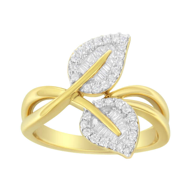 Bids.com 10K Yellow Gold 3/8 Cttw Round and Baguette-Cut Diamond Leaf Cocktail Ring - Size 7 (I-J Color, I1-I2 Clarity) Rings