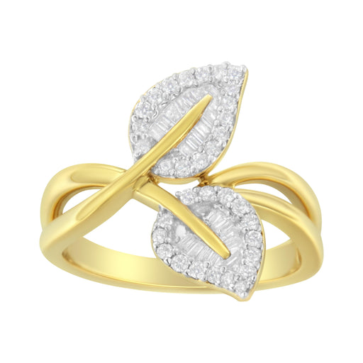 Bids.com 10K Yellow Gold 3/8 Cttw Round and Baguette-Cut Diamond Leaf Cocktail Ring - Size 7 (I-J Color, I1-I2 Clarity) Rings