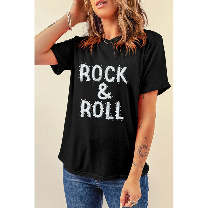 Rock & Roll Letter Graphic Round Neck Short Sleeve Graphic Tee in Black