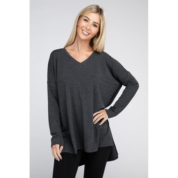 Dolman Long Sleeve V-Neck Side Slit Hi-Low Hem Top