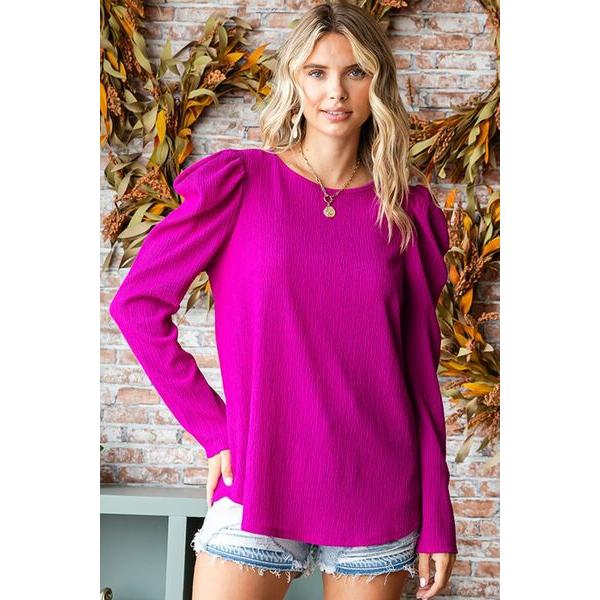 First Love Texture Puff Sleeve Round Neck Blouse